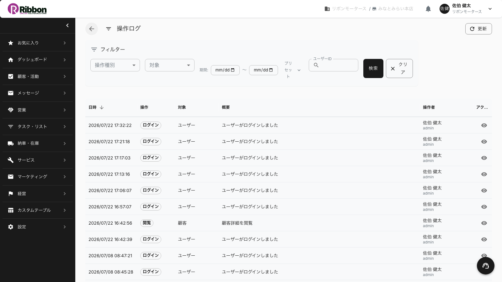 いつ誰がどの顧客情報を作成・更新・削除・閲覧・エクスポートしたかを時系列で記録するRibbonの操作ログ(監査ログ)画面