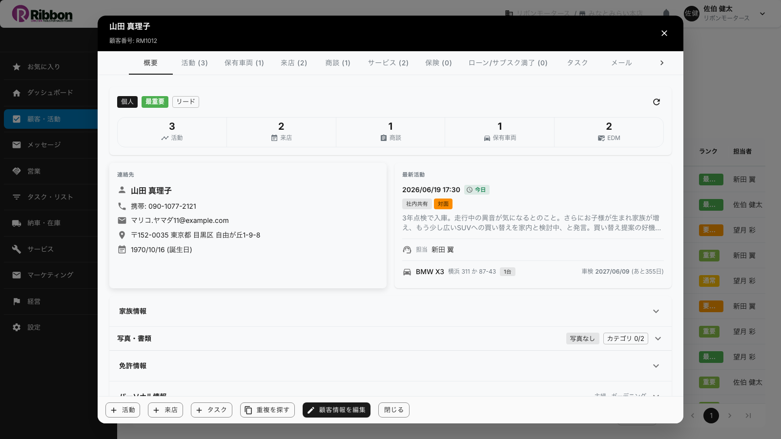 顧客1人に連絡先・保有車・商談・整備・来店・メール・LINEを集約したRibbonの顧客360度ビュー