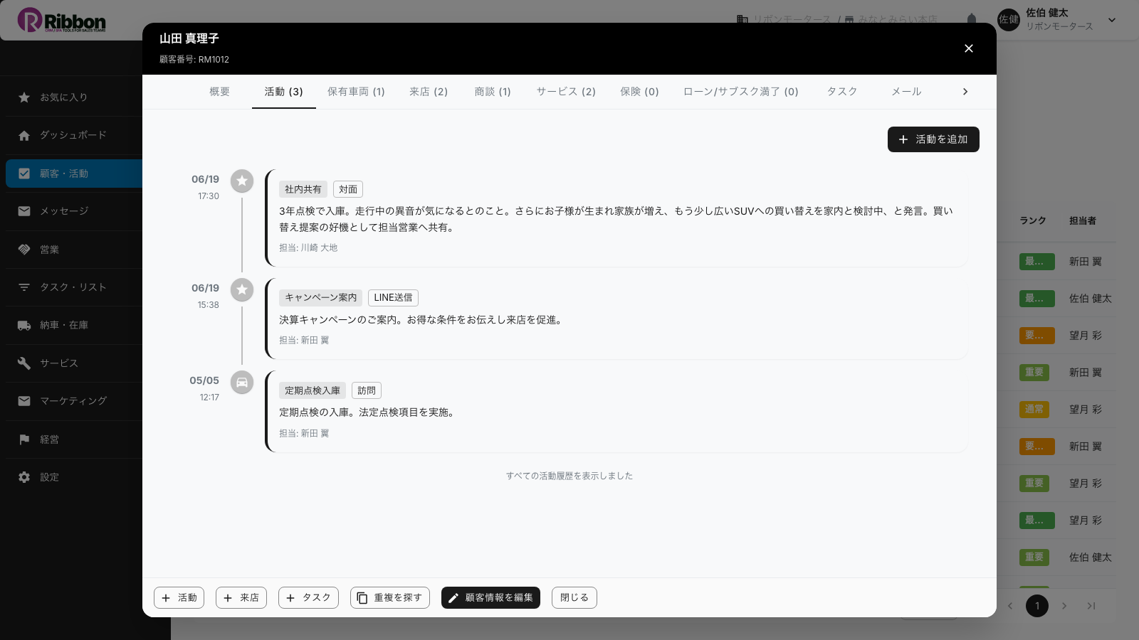 Ribbonの顧客360詳細の活動タブ。整備フロントが残した「気になる音」「家族が増えた」などの一言が、日時・担当つきで営業からも見える