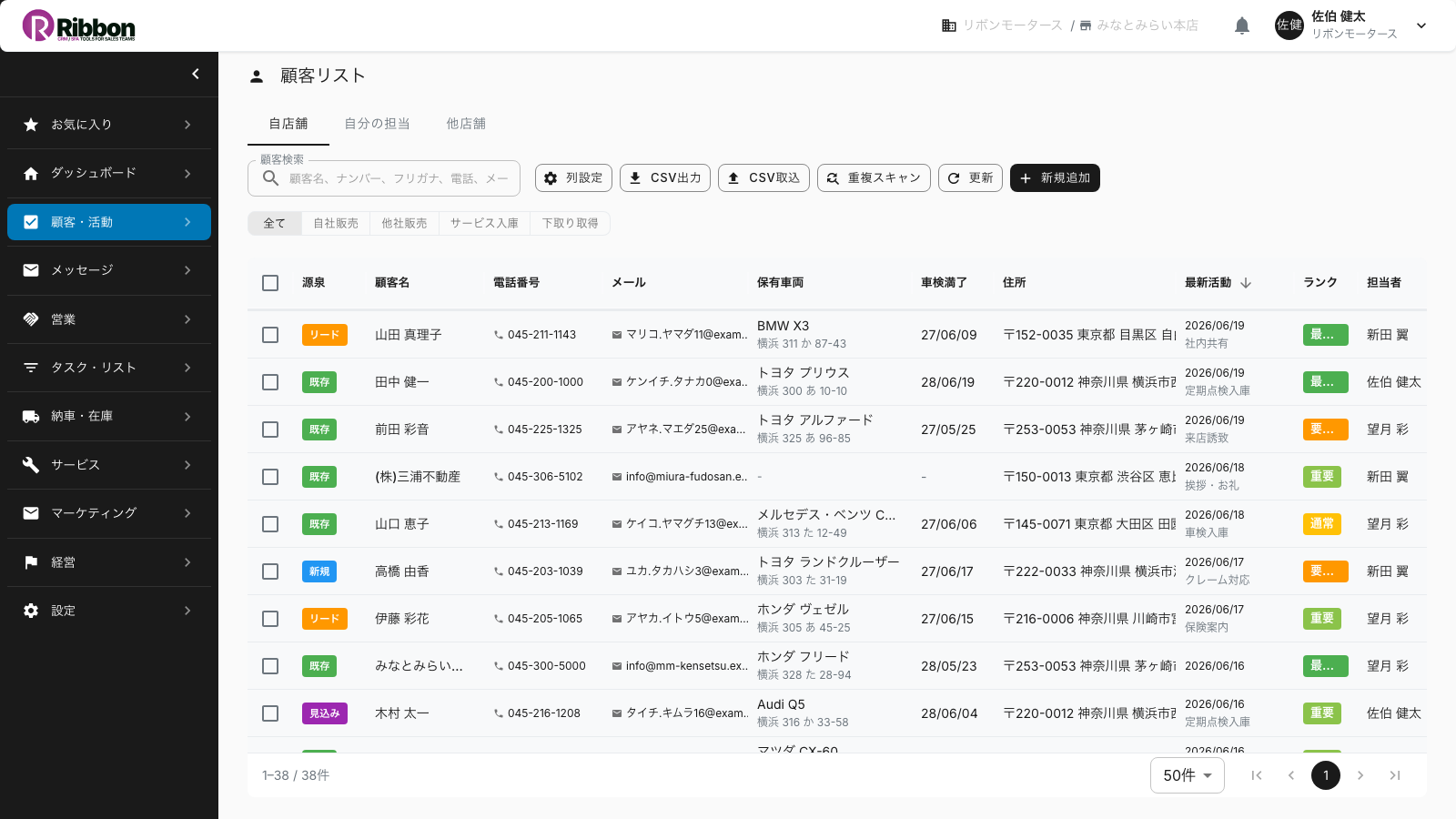 自動車販売店の顧客管理をエクセルから移した、検索・ランク・担当者つきの構造化された顧客リスト画面