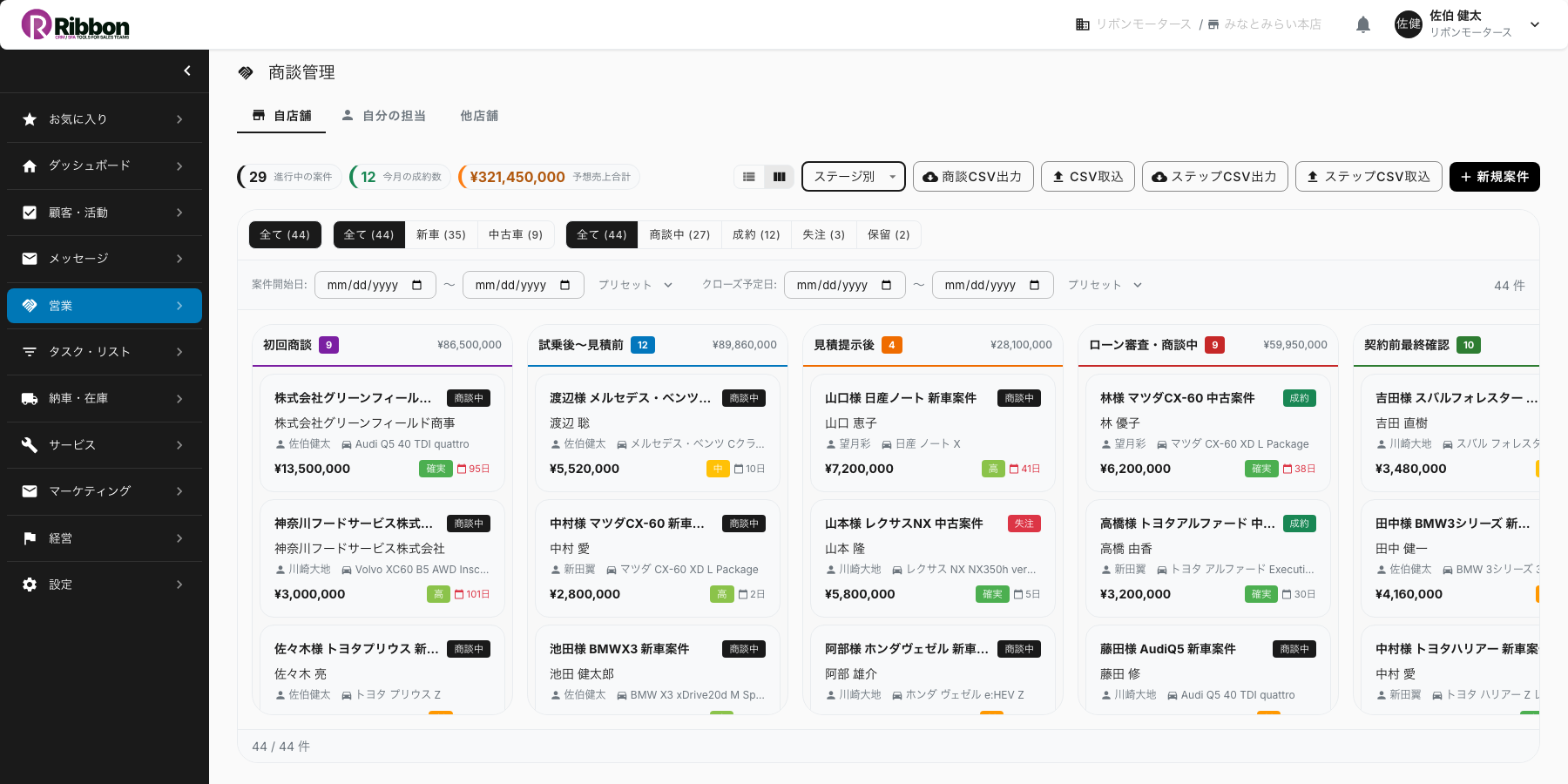 商談ステージ別ボードの実画面