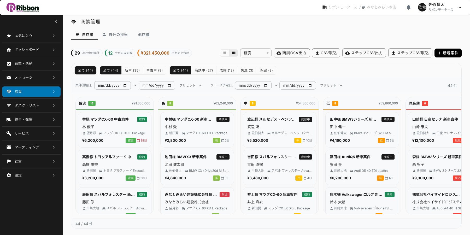 商談を段階(ステージ)ごとに並べ、確度や次アクションとともに管理するRibbonの商談一覧画面