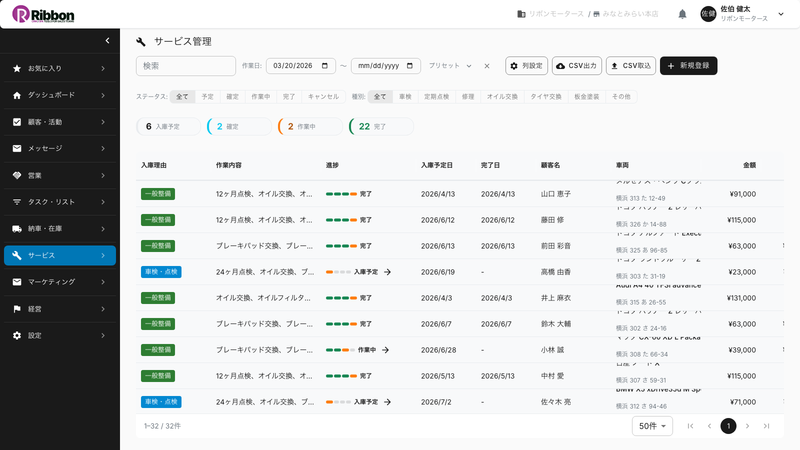 整備の一台ごとの記録を入庫日・作業・状態・金額で一覧管理するRibbonの整備履歴画面